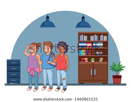Teenagers friends smiling and greeting with cool clothes and accesories in house study room with library ,vector illustration.