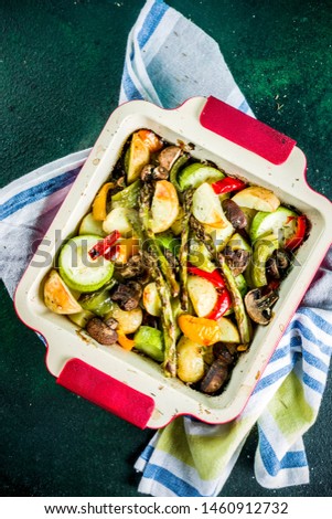 Grilled bbq vegetables, baked in the oven, with herbs, olive oil. Healthy diet food. Vegan lunch.