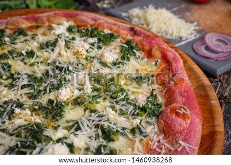 Macro food background. Pizza with cheese and herbs. Concept promotional flyer and poster for Restaurants or pizzerias
