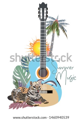 Abstract guitar decorated with summer and spring flowers, palm leaves, notes, a leopard.