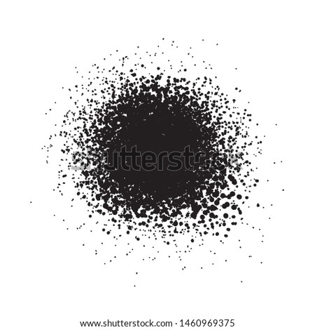 Grainy grunge abstract texture on a white background. Vector splatter of calligraphy ink in black on white background. Black ink blow explosion on white background. Paint spray, drop. Vector.