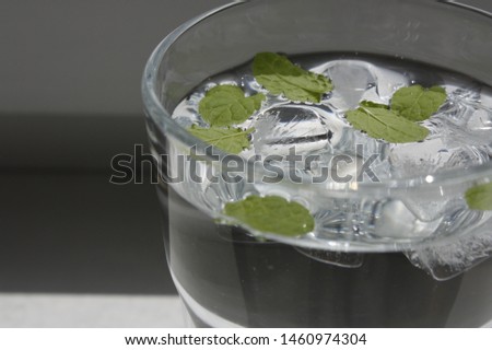 A glass of cold water with mint and ice on a hot summer day. Close-up cold water with mint and ice.