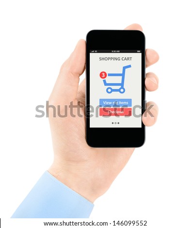 Men hand holding modern mobile phone with online shopping application on a screen. Isolated on white background.
