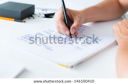 Designer develop a mobile application usability and drawing its framework on a paper. Royalty-Free Stock Photo #146100410