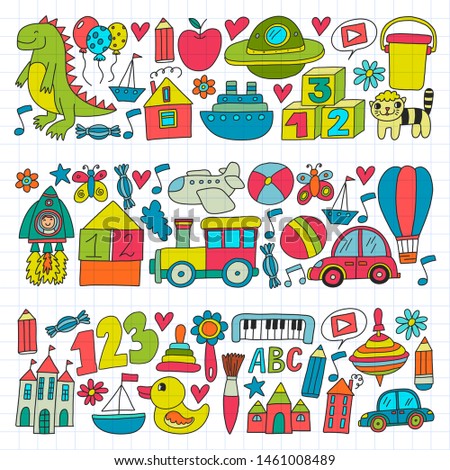 Vector pattern with children toys. Robot, rocket, horse, doll