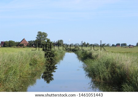 Great panoramic view of rural Dutch meadows with a canal. Photo was taken on a beautiful summer day with a nice blue sky.