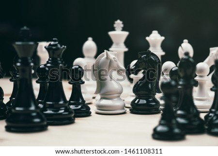 Chess knights head to head.black and white chess battle,Chess victory,chess concept. strategy, management or leadership concept.