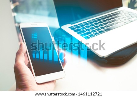 business trade graph, mobile hand and notebook computer with network technology, ai robotic, system hacker security, online shopping, application services