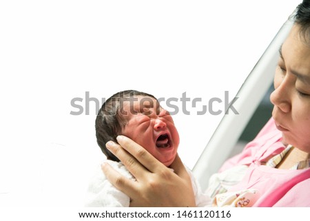 Close-up pictures of Asian girls and newborn mothers with a white background