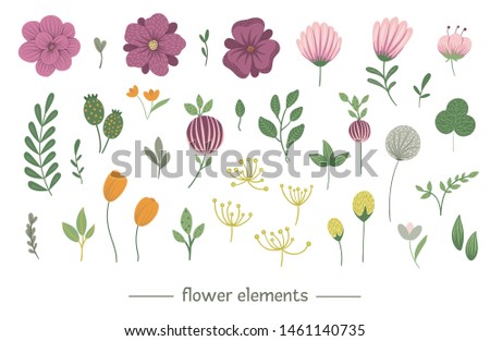 Vector floral clip art set. Flat trendy illustration with flowers, leaves, branches. Meadow, woodland, forest elements isolated on white background