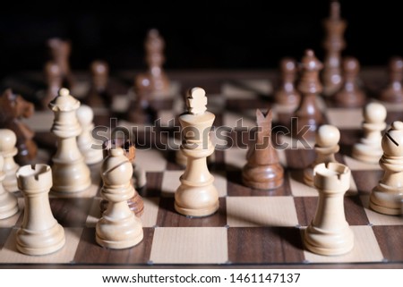 Chess game. White and black pieces are fighting for victory. The Central figure is in focus.