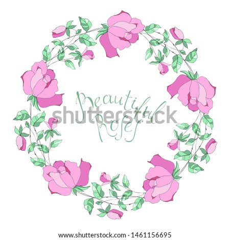 Round frame with pretty flowers roses. Festive floral circle for your season design