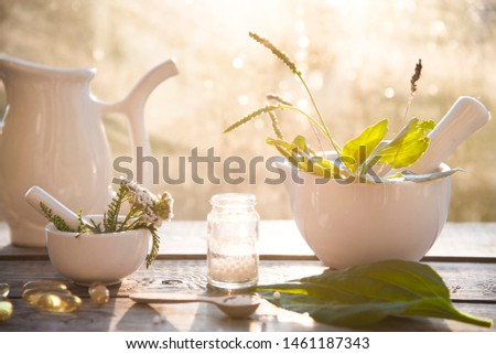 
plantain, herbs, homeopathic granules and capsules. alternative medicine. homeopathy and naturopathy Royalty-Free Stock Photo #1461187343
