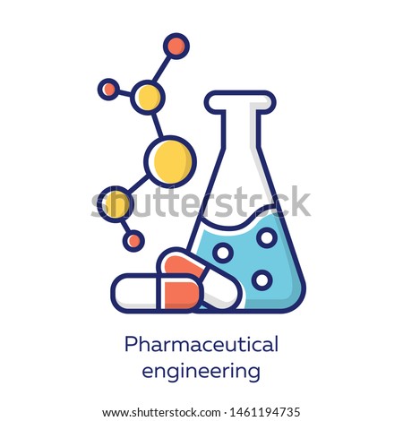 Pharmaceutical engineering color blue icon. Drug formulating. Chemical engineering. Medication quality control. Flask, molecule, capsules. Pharmacology. Biotechnology. Isolated vector illustration Royalty-Free Stock Photo #1461194735