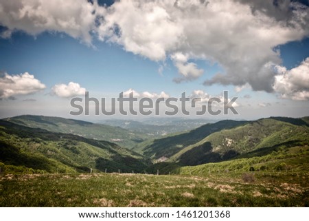 Panoramic view from the peak of Monte Chiappo, a little mountain at the borders of Liguria, Piedmont and Emilia Romagna (Northern Italy), located in the hilly region of Oltrepo Pavese.