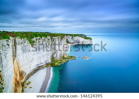 Etretat, rock cliff and beach. Long exposure photography. Aerial view. Normandy, France.