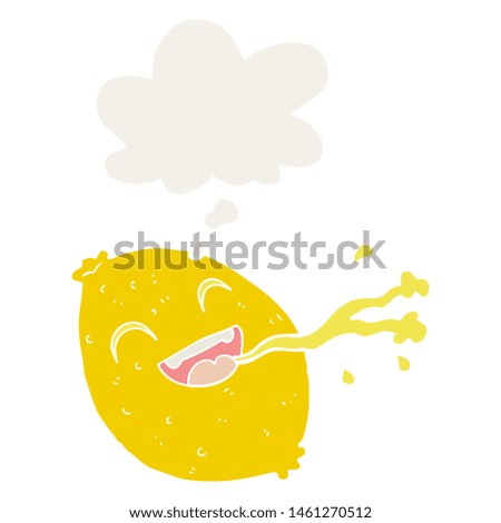 cartoon squirting lemon with thought bubble in retro style