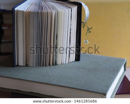 An open book with a bookmark and a dry small flower is on the background of books close-up. Romantic picture of a collection of poems and herbarium.