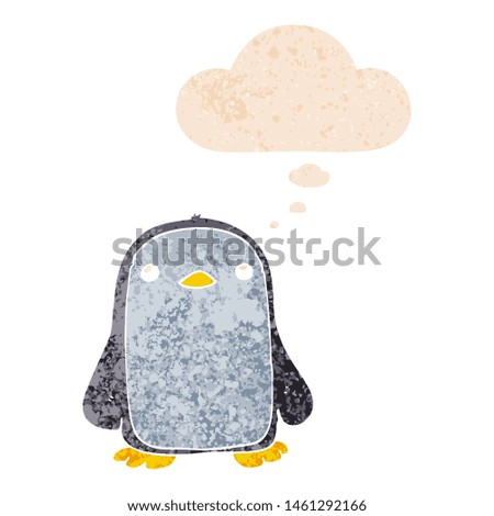 cute cartoon penguin with thought bubble in grunge distressed retro textured style