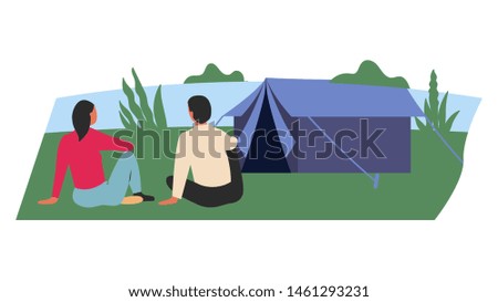 Touristic camp with tent, campfire near river for adventure tourism, travel, backpacking. Concept of hiking, adventure tourism, camping, travel. Flat cartoon colorful vector illustration.