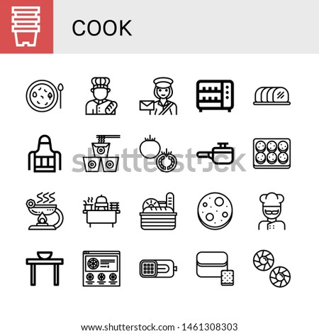 Set of cook icons such as Pots, Soup, Baker, Postwoman, Toaster, Tenderloin, Apron, Noodles, Tomato, Cooking pot, Cookie, Burner, Buffet, Bread, Chocolate chip, Cook, Dinner table , cook