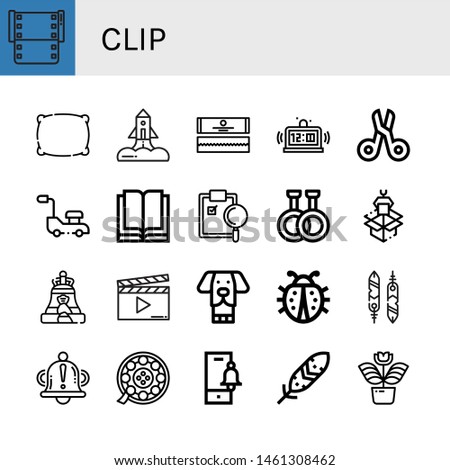 Set of clip icons such as Film, Pillow, Rocket, Chewing gum, Alarm, Scissors, Lawn mower, Reading, Clipboard, Rubber, Packaging, Bell, Clapperboard, Dog, Ladybug, Feathers , clip