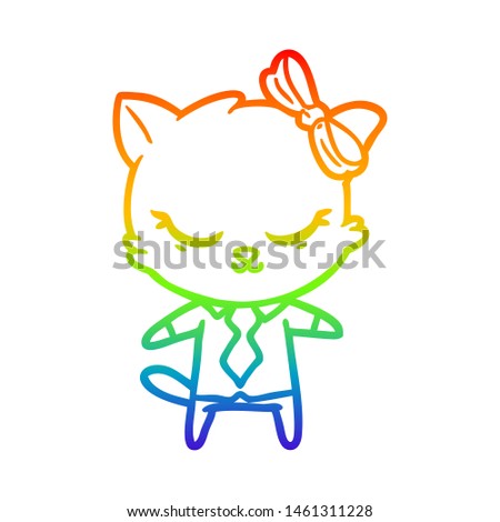 rainbow gradient line drawing of a cute cartoon business cat with bow