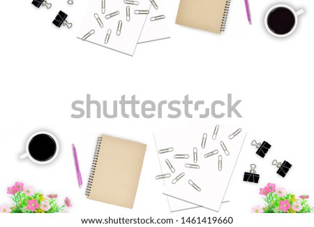 Top view education and office desk with Notebook, Coffee, pen, Flower bouquet, Paper Clip with copy space background