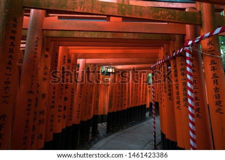 The torii and  lamp  of Kyoto Fushimi Inari.（The meaning of Japanese characters are: 2008 of JapanーHeisei 20 years）