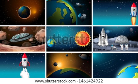 Large set of space scenes illustration