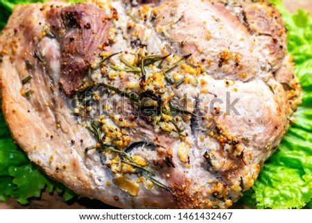 food picture, a piece of pork meat on a cutting Board closeup, bake.