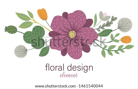 Vector floral horizontal decorative element. Flat trendy illustration with flowers, leaves, branches. Meadow, woodland, forest clip art. Beautiful spring or summer bouquet isolated on white background
