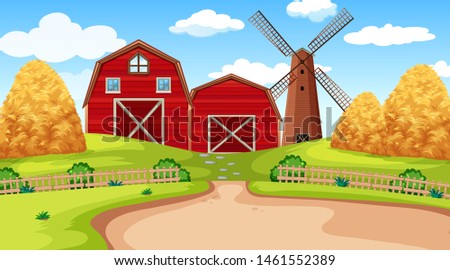 Farm scene in nature with barn illustration