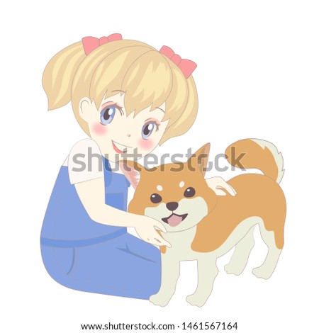 Little girl  played with her puppy. Shiba Inu. illustration.