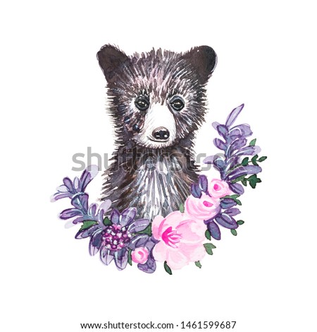 Cute baby bear with a floral wreath Print for kids T-shirt Watercolor illustration.