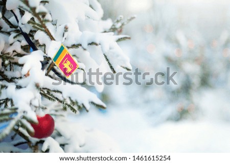 Christmas Sri Lanka. Xmas tree covered with snow, decorations and a flag of Sri Lanka. Snowy forest background in winter. Christmas greeting card.
