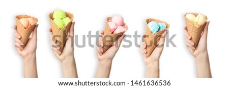 Set of woman with different delicious ice creams on light background