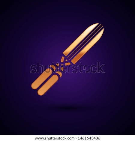 Gold Gardening handmade scissors for trimming icon isolated on dark blue background. Pruning shears with wooden handles.  Vector Illustration