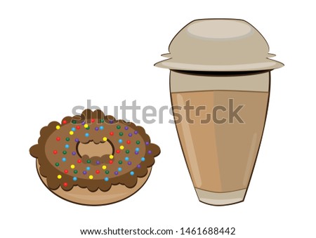 Raster version. Coffee in a styrofoam cup and donut. illustration on white background
