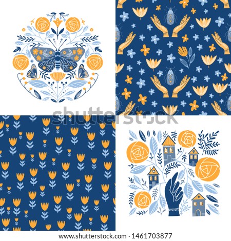 Vector set of greeting cards and seamless patterns in Scandinavian, Nordic and Folk art style with hygge elements