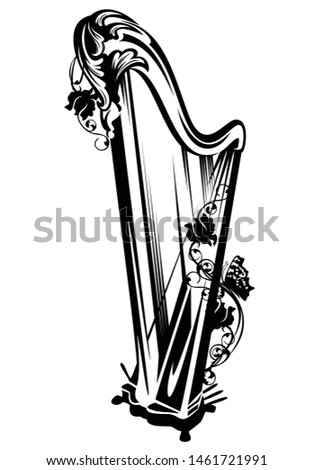 antique harp among rose flowers - classical musical instrument black and white vector design
