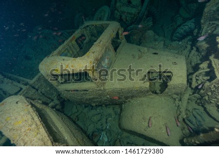 SS Thistlegorm ship wreck cargo level old military car engine Royalty-Free Stock Photo #1461729380