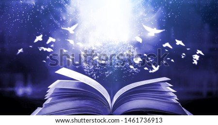 education concept with tree of knowledge planting on opening old big book in library with textbook, stack piles of text archive and aisle of bookshelves in school study class room Royalty-Free Stock Photo #1461736913