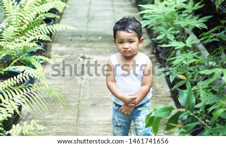 Asian boy 18 months walking in the garden alone There are trees on both sides, but the picture does not focus on the face of the child. Blurred image concept, Teach children to learn nature