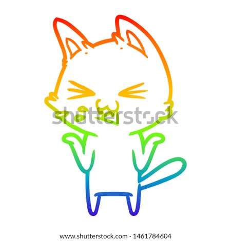 rainbow gradient line drawing of a cartoon cat hissing