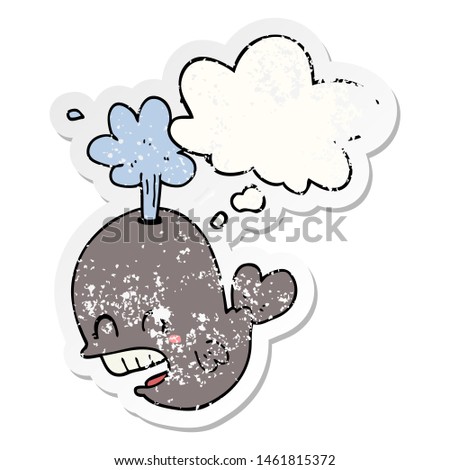 cartoon spouting whale with thought bubble as a distressed worn sticker