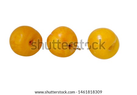 three ripe juicy yellow plums isolated on white