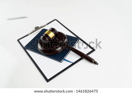 Law business.Lawyers office. Gavel on white table. Bokeh background.