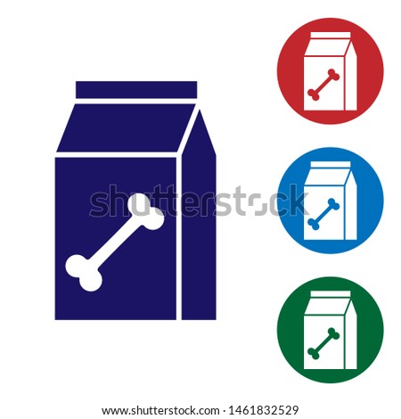 Blue Bag of food for pet icon isolated on white background. Food for animals. Dog bone sign. Pet food package. Set color icon in circle buttons