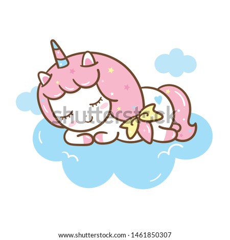 Cute Unicorn vector pony cartoon on cloud, magic sleeping time for sweet dream pastel color, Kawaii Animal, Doodle character style with star, Nursery decoration:Illustration of fairytale horse for kid
